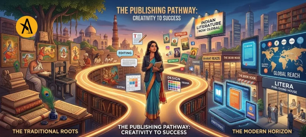 Author choosing the best publication house in India with manuscript, laptop, and publishing options for book submission