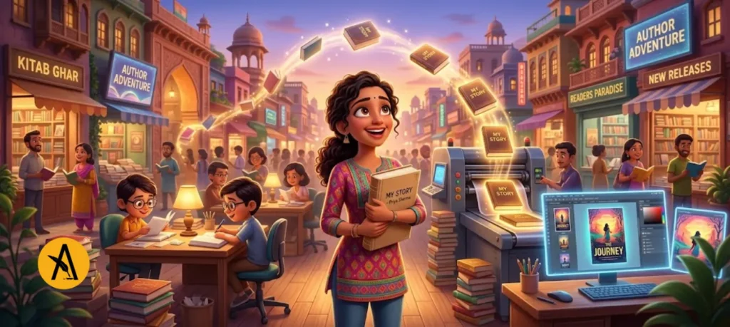 Author choosing the best book publishing house in India with manuscript, editing, design, and distribution process