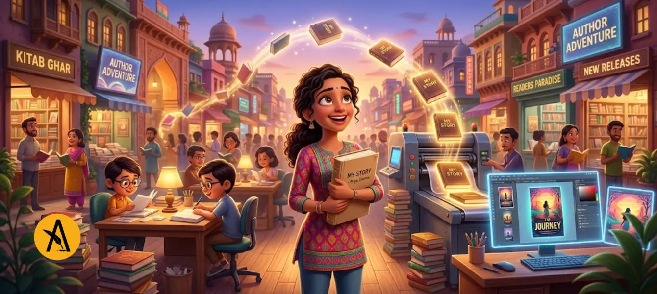 Author choosing the best book publishing house in India with manuscript, editing, design, and distribution process