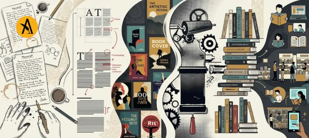 Book publishing process from manuscript to print showing writing, editing, design, printing, and distribution stages