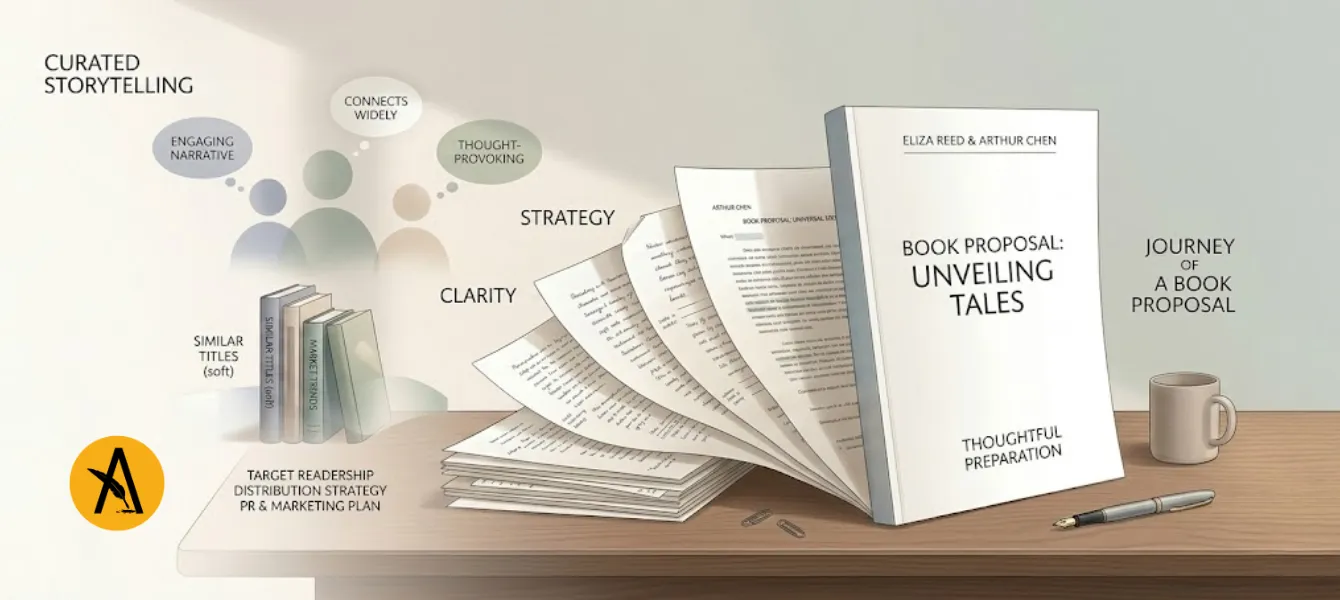 Author preparing a professional book proposal for submission with query letter, synopsis, and manuscript documents