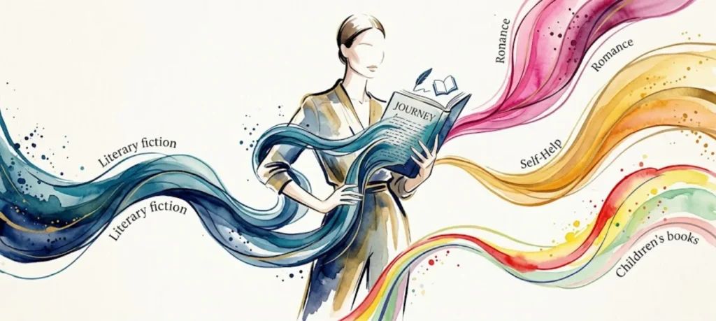 Author selecting the right book publishing company based on genre with manuscript, genre categories, and publishing options