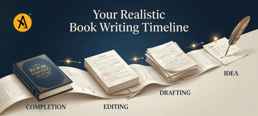 Writer planning a book timeline with calendar, word count goals, and schedule showing how long it takes to write a book