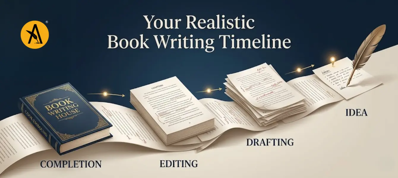 Writer planning a book timeline with calendar, word count goals, and schedule showing how long it takes to write a book