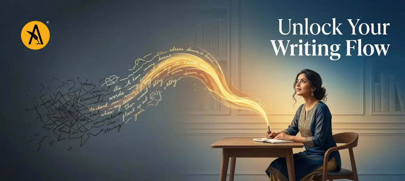 Writer facing writer's block with blank page and crumpled papers showing struggle and solutions to start writing again