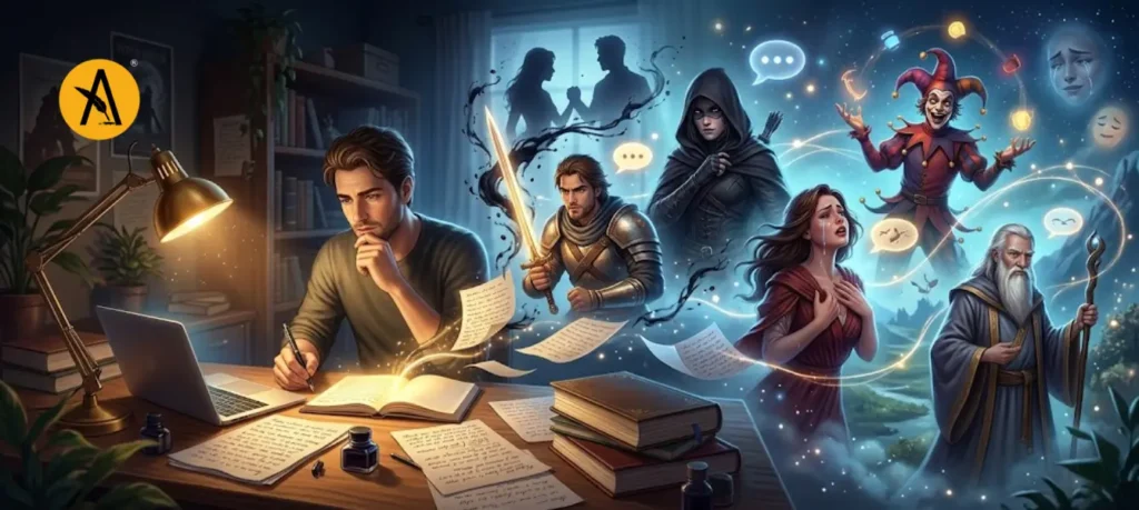 Writer developing compelling characters with notes on personality traits, backstory, and character arcs for a novel