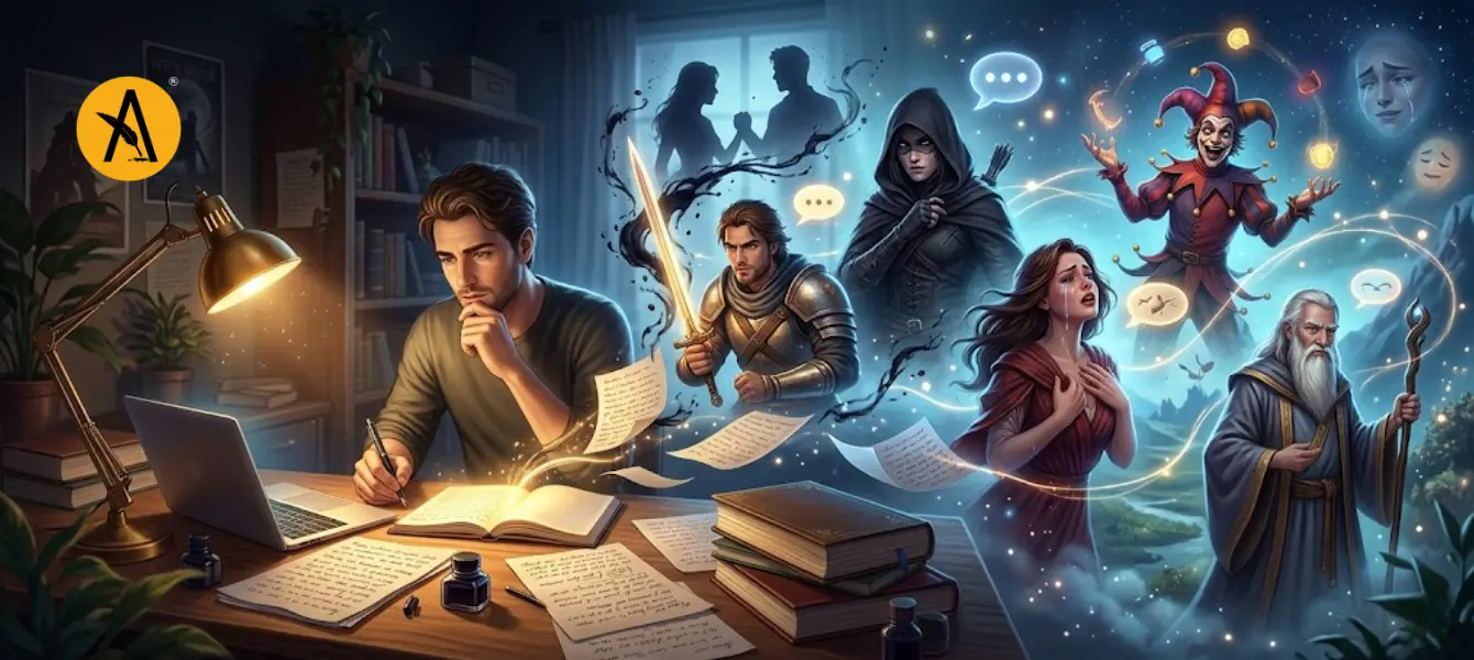 Writer developing compelling characters with notes on personality traits, backstory, and character arcs for a novel