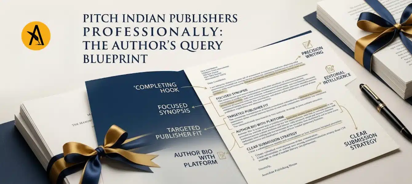 Writer drafting a query letter for Indian publishers with manuscript pages and laptop showing book submission format