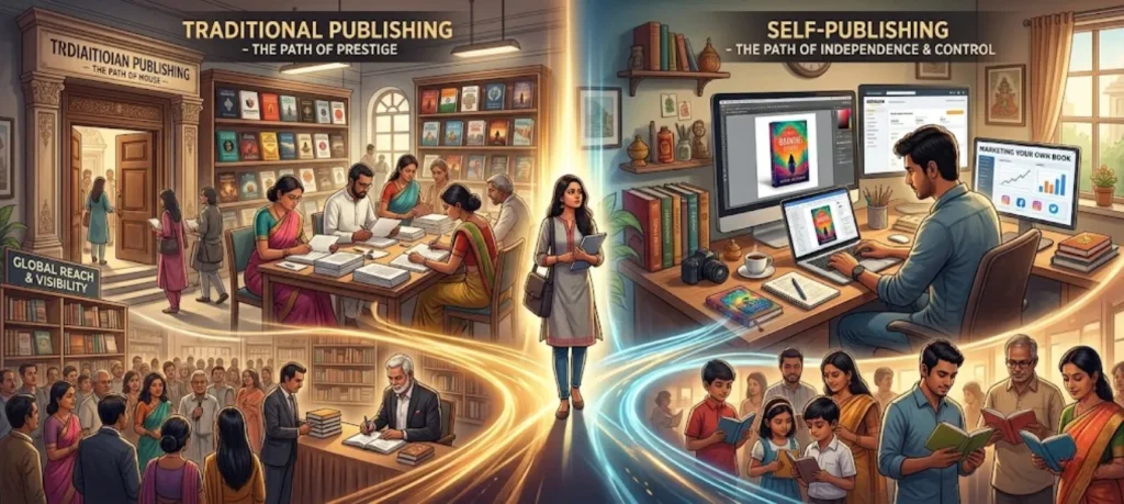 traditional publishing vs self publishing India comparison chart with costs royalties control and distribution differences