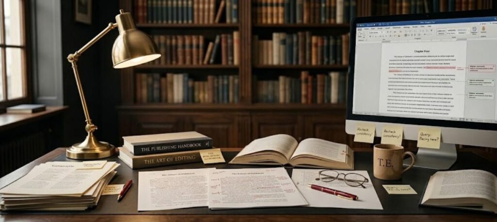 Traditional publishing house editor reviewing manuscript pages during the professional book editing process in India