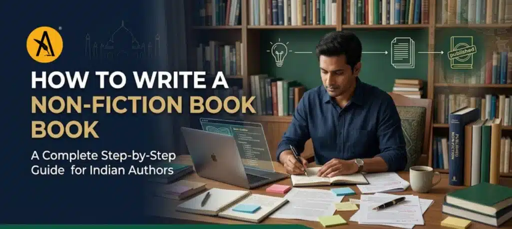Indian author writing a non-fiction book manuscript with laptop, chapter outline, research notes, editing drafts, and publishing materials, illustrating the complete process of writing and publishing a non-fiction book in India.