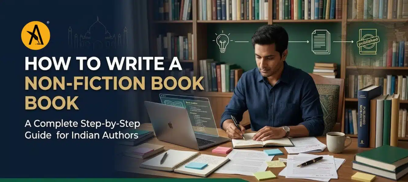 Indian author writing a non-fiction book manuscript with laptop, chapter outline, research notes, editing drafts, and publishing materials, illustrating the complete process of writing and publishing a non-fiction book in India.
