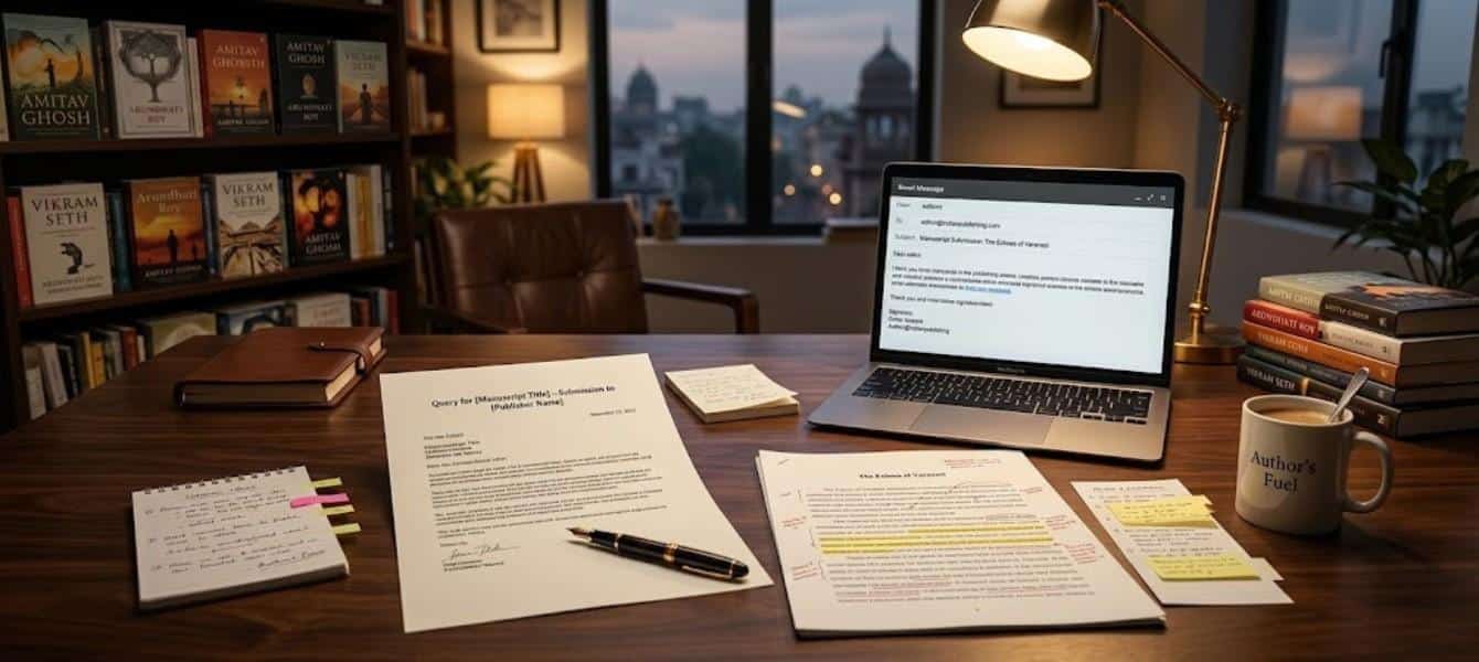 Author drafting a professional query letter for a traditional Indian publishing house submission