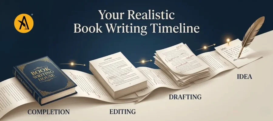 Writer planning a book timeline with calendar, word count goals, and schedule showing how long it takes to write a book