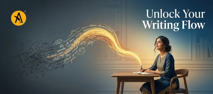 Writer facing writer's block with blank page and crumpled papers showing struggle and solutions to start writing again