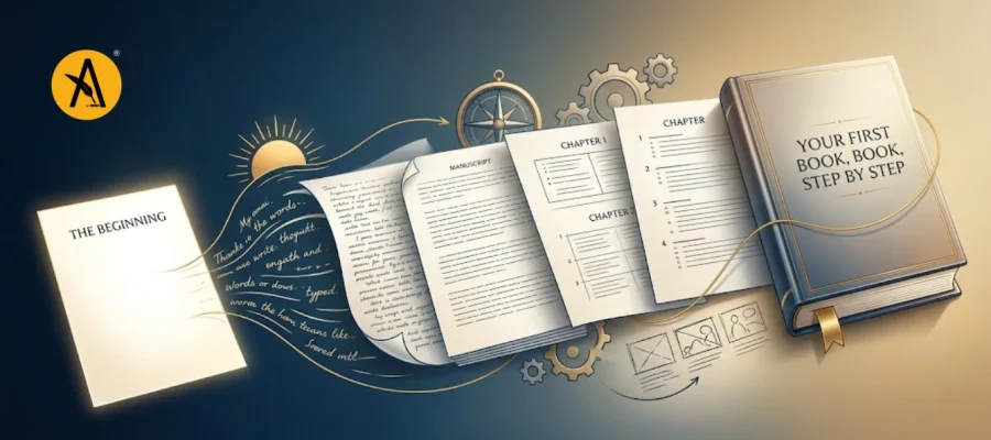 Beginner writer starting a book with notebook and laptop showing steps to write a book for the first time