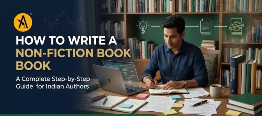 Indian author writing a non-fiction book manuscript with laptop, chapter outline, research notes, editing drafts, and publishing materials, illustrating the complete process of writing and publishing a non-fiction book in India.