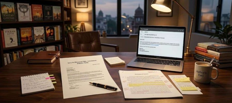 Author drafting a professional query letter for a traditional Indian publishing house submission