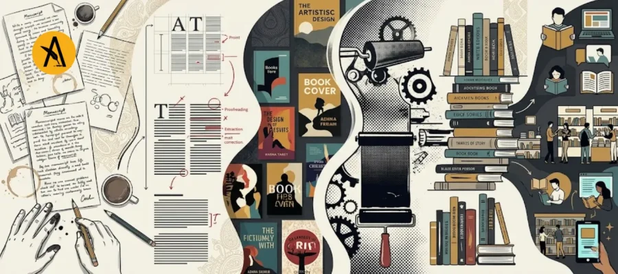 Book publishing process from manuscript to print showing writing, editing, design, printing, and distribution stages