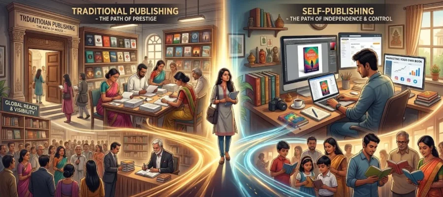 traditional publishing vs self publishing India comparison chart with costs royalties control and distribution differences